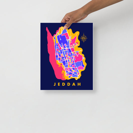 Jeddah Map Art Poster in Blue, Yellow and Pink