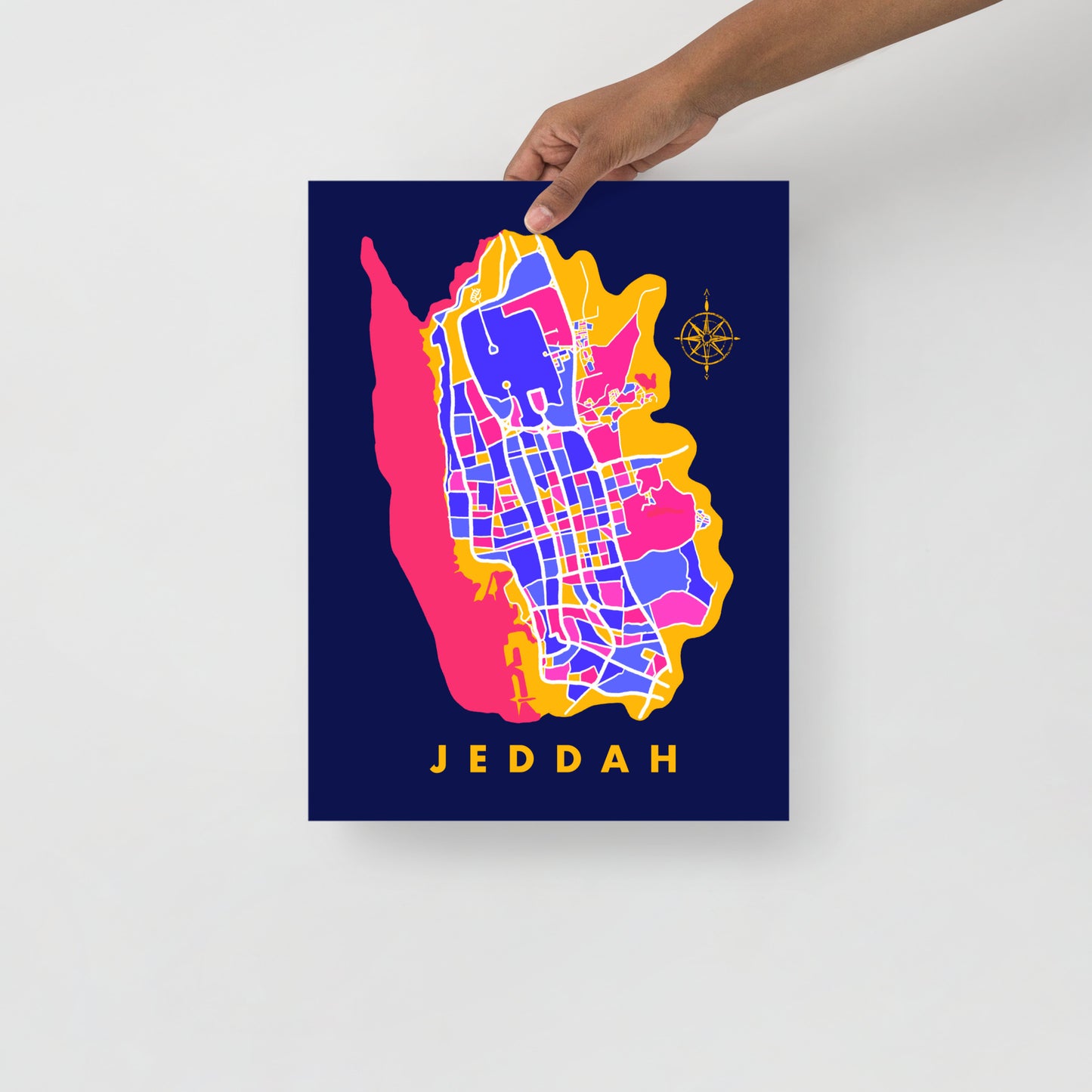 Jeddah Map Art Poster in Blue, Yellow and Pink