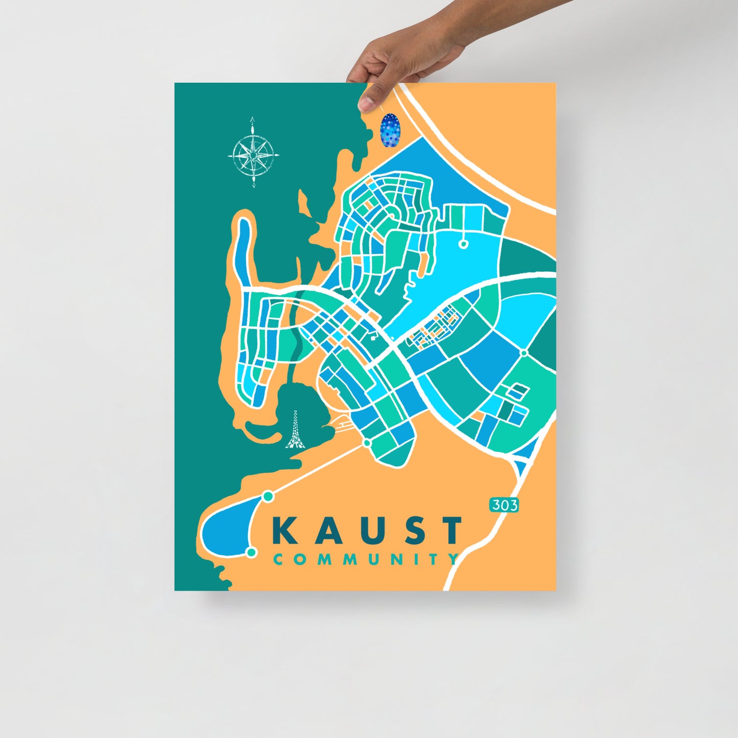 KAUST Community Map Art Poster in Green and Teal
