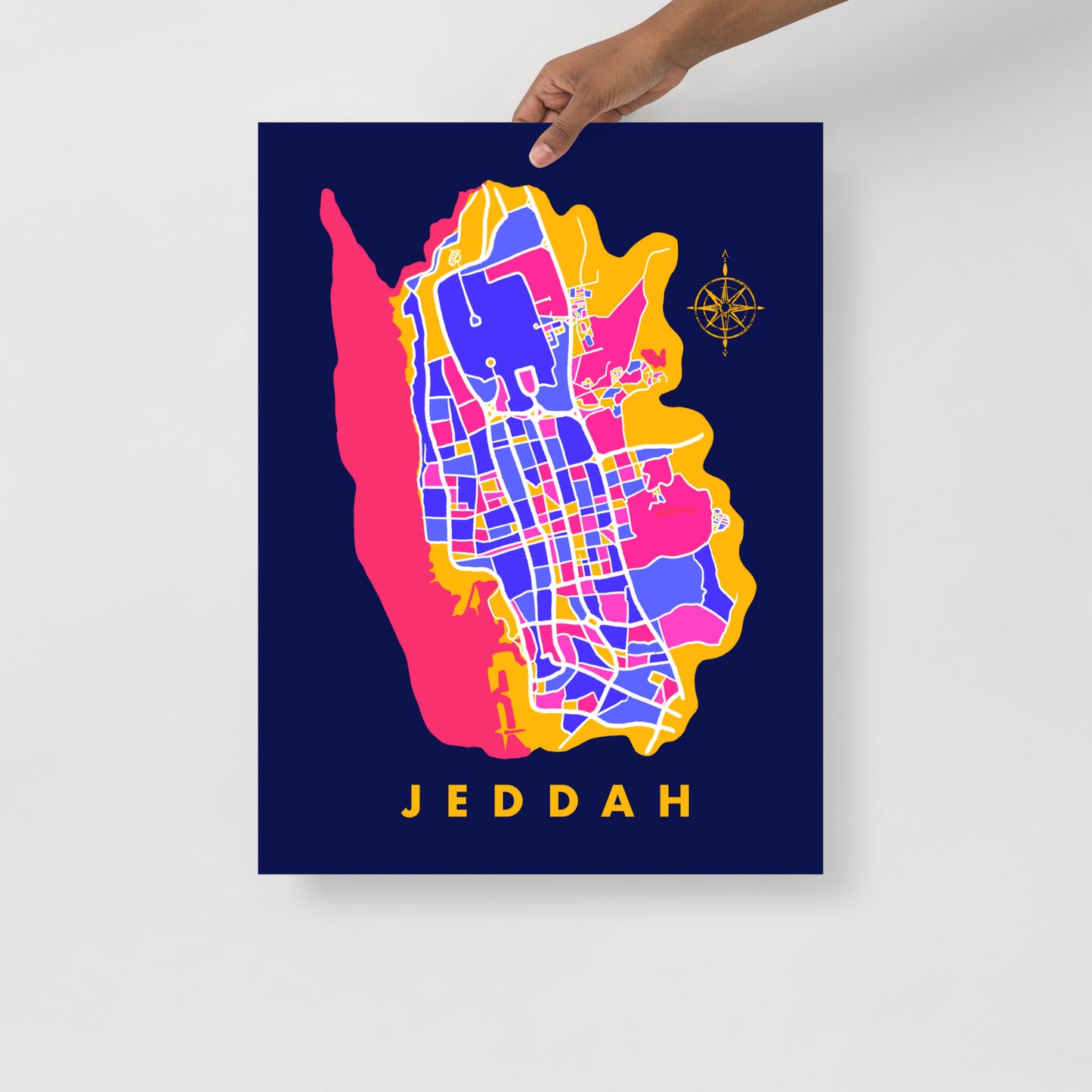 Jeddah Map Art Poster in Blue, Yellow and Pink