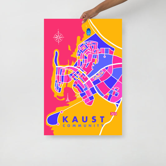 KAUST Community Map Art Poster in pink and yellow