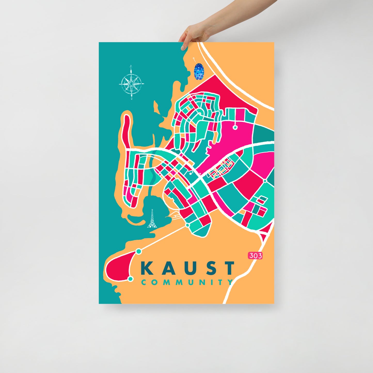 KAUST Community Map Art Poster in Pink and Teal