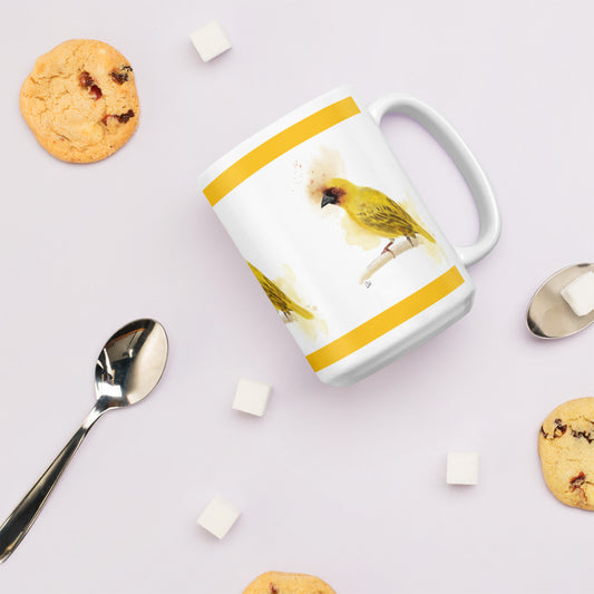 White glossy mug - Ruppells Weaver Bird Watercolor