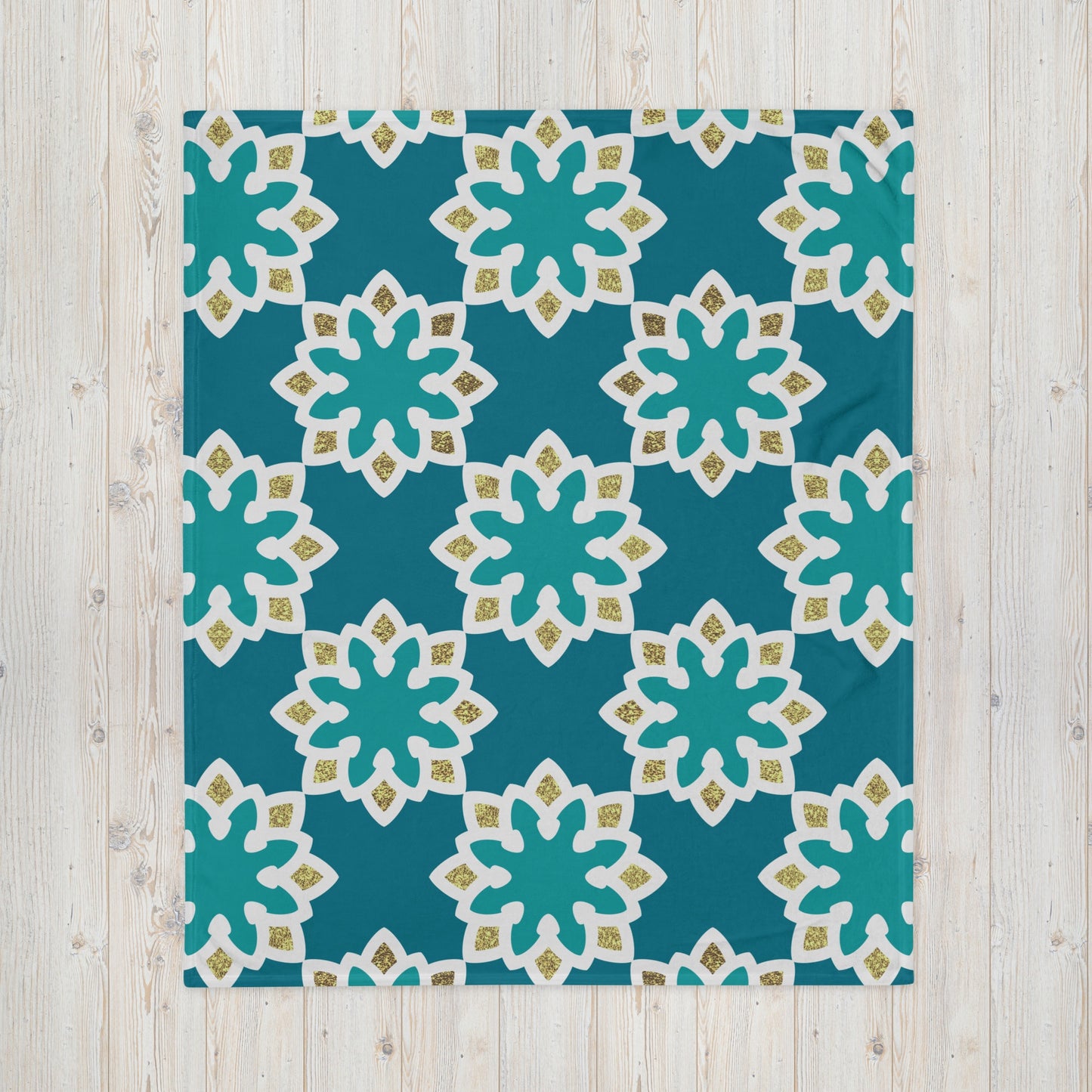 Throw Blanket - Arabesque Flowers in Aqua And Gold
