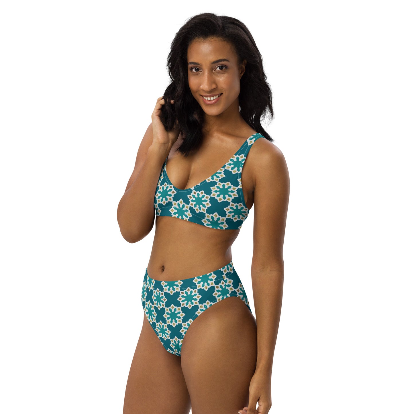 Recycled rPET high-waisted bikini 🍃 Arabesque Flowers in Aqua and Gold