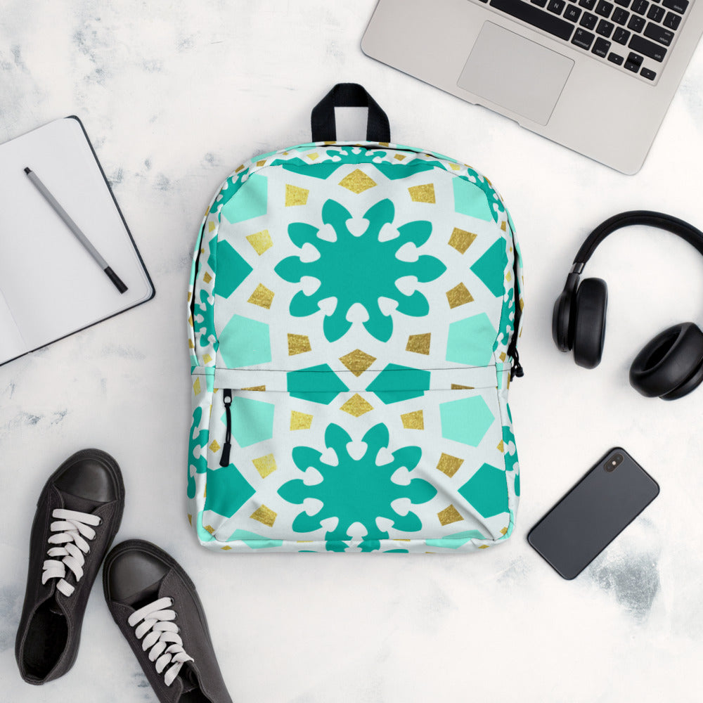 Backpack - Geometric Arabesque Pattern in Mint and Gold