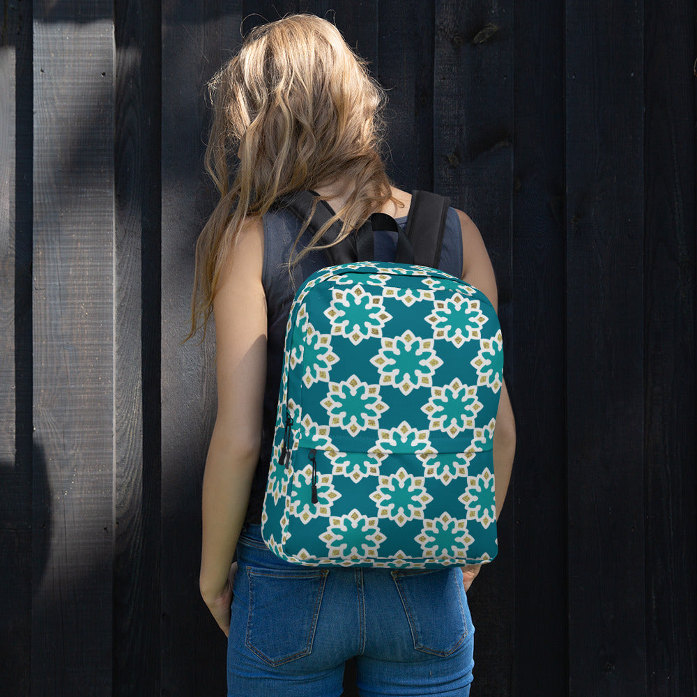Backpack - Arabesque Flowers in Aqua and Gold