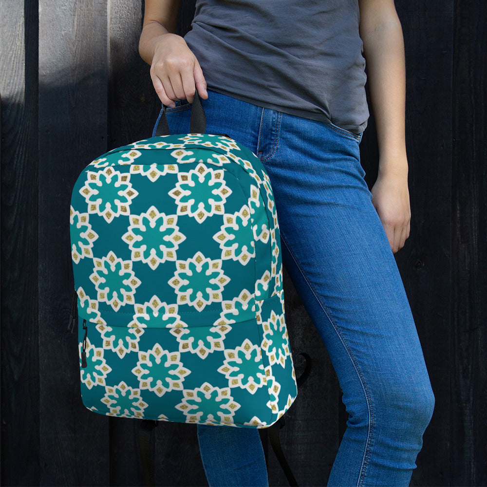 Backpack - Arabesque Flowers in Aqua and Gold