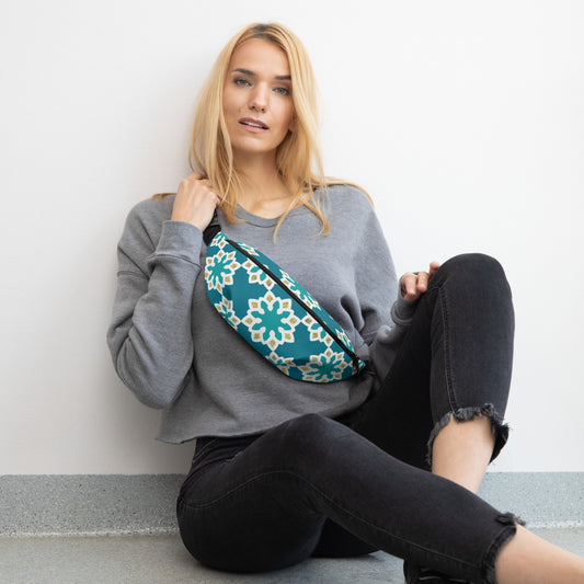 Fanny Pack (Bum Bag) - Arabesque Flowers in Aqua and Gold