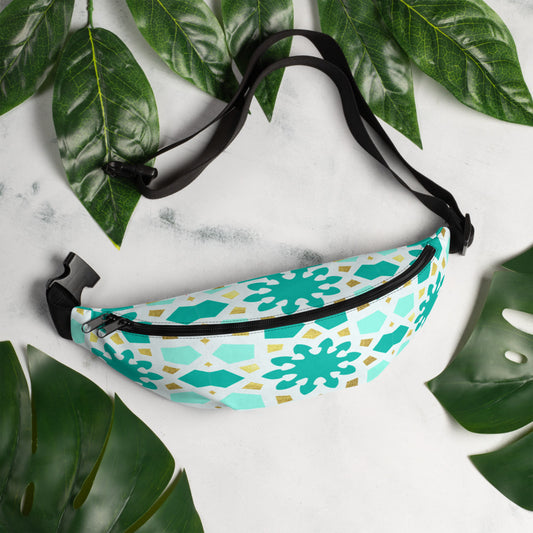 Fanny Pack (Bum Bag) - Geometric Arabesque Pattern in Mint and Gold