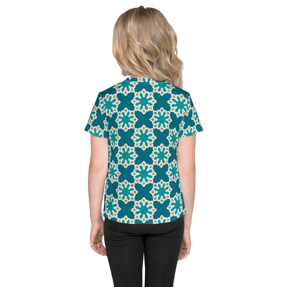 Kids crew neck t-shirt 2T to 7 years - Arabesque Flowers in Aqua and Gold