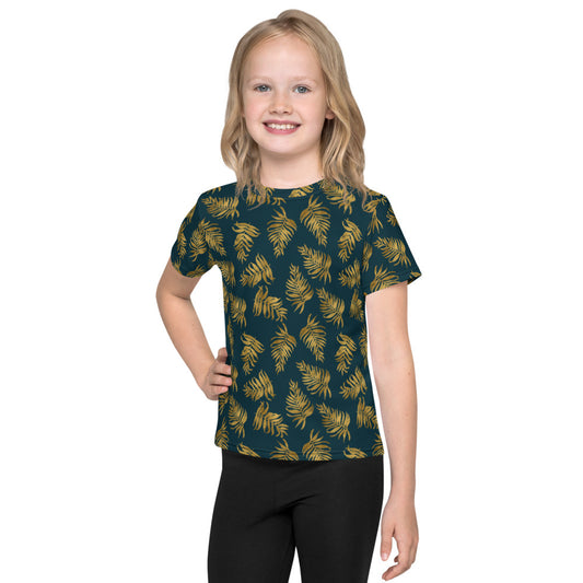 Kids crew neck t-shirt 2T to 7 years - Palm Leaves in Gold and Teal