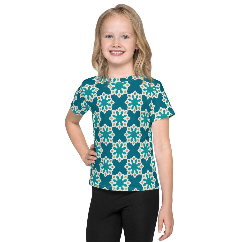 Kids crew neck t-shirt 2T to 7 years - Arabesque Flowers in Aqua and Gold