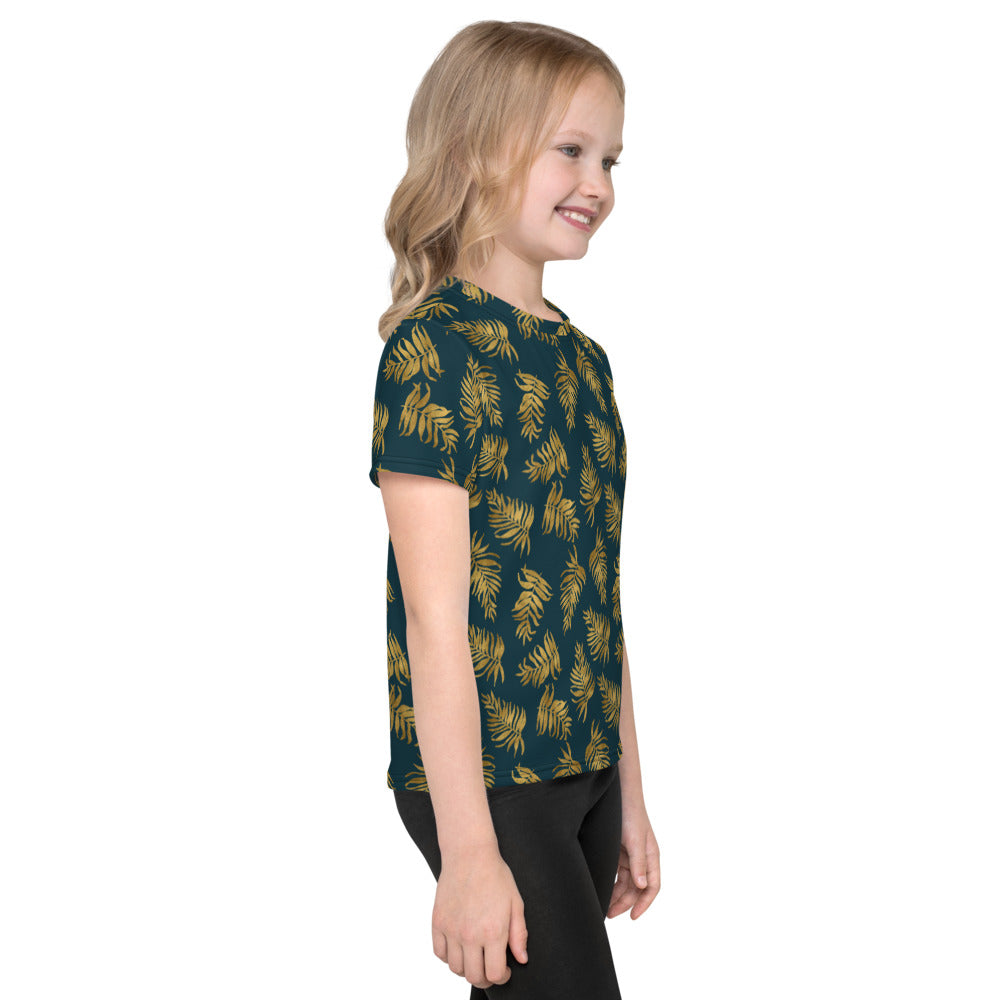 Kids crew neck t-shirt 2T to 7 years - Palm Leaves in Gold and Teal
