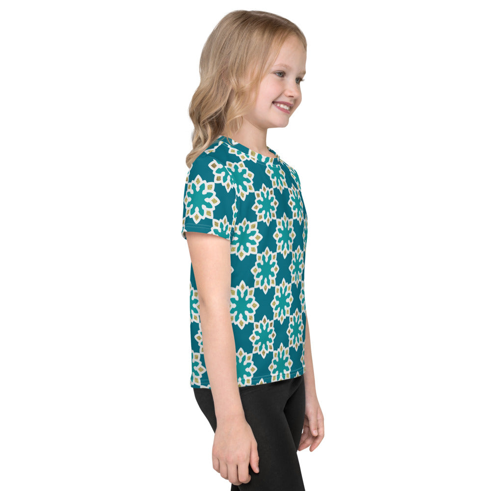 Kids crew neck t-shirt 2T to 7 years - Arabesque Flowers in Aqua and Gold