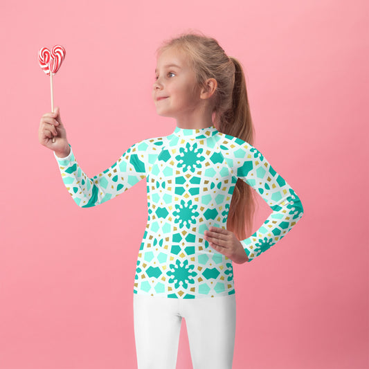Kids Rash Guard 2T - 7 years - Geometric Arabesque in Mint and Gold