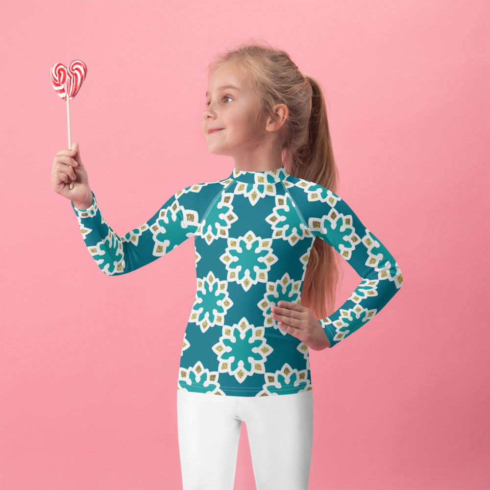 Kids Rash Guard 2T to 7 years - Arabesque Flowers in Aqua and Gold