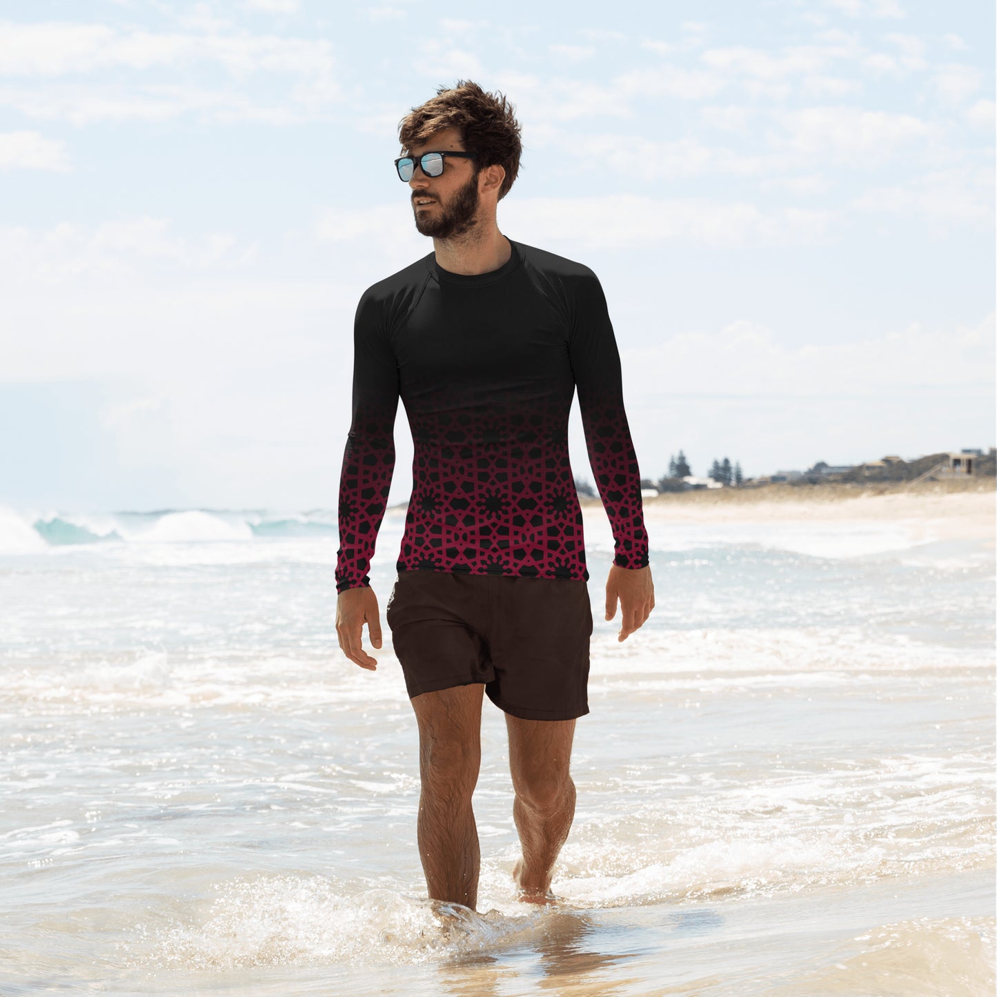 Men's Rash Guard - Geometric Ombre in Black and Red