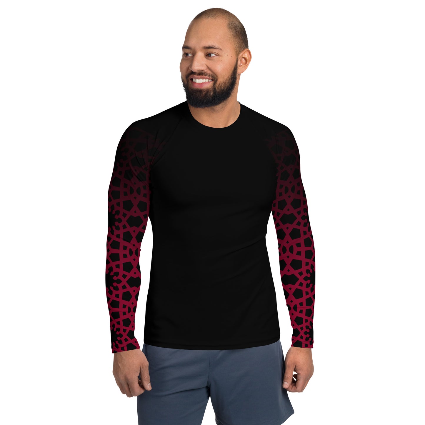 Men's Rash Guard - Geometric Ombre in Black and Red Sleeve