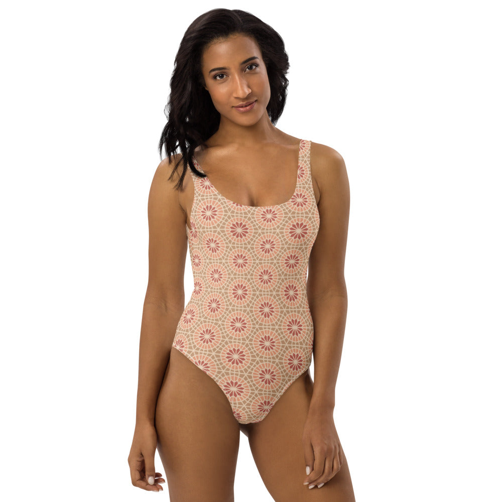 One-Piece Swimsuit - Geometric Star 2 - Cocoa and Cream