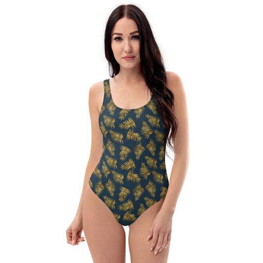 One-Piece Swimsuit - Palm Leaves - Gold and Blue