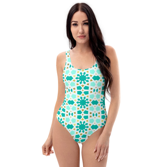 One-Piece Swimsuit - Geometric Arabesque Pattern in Mint and Gold