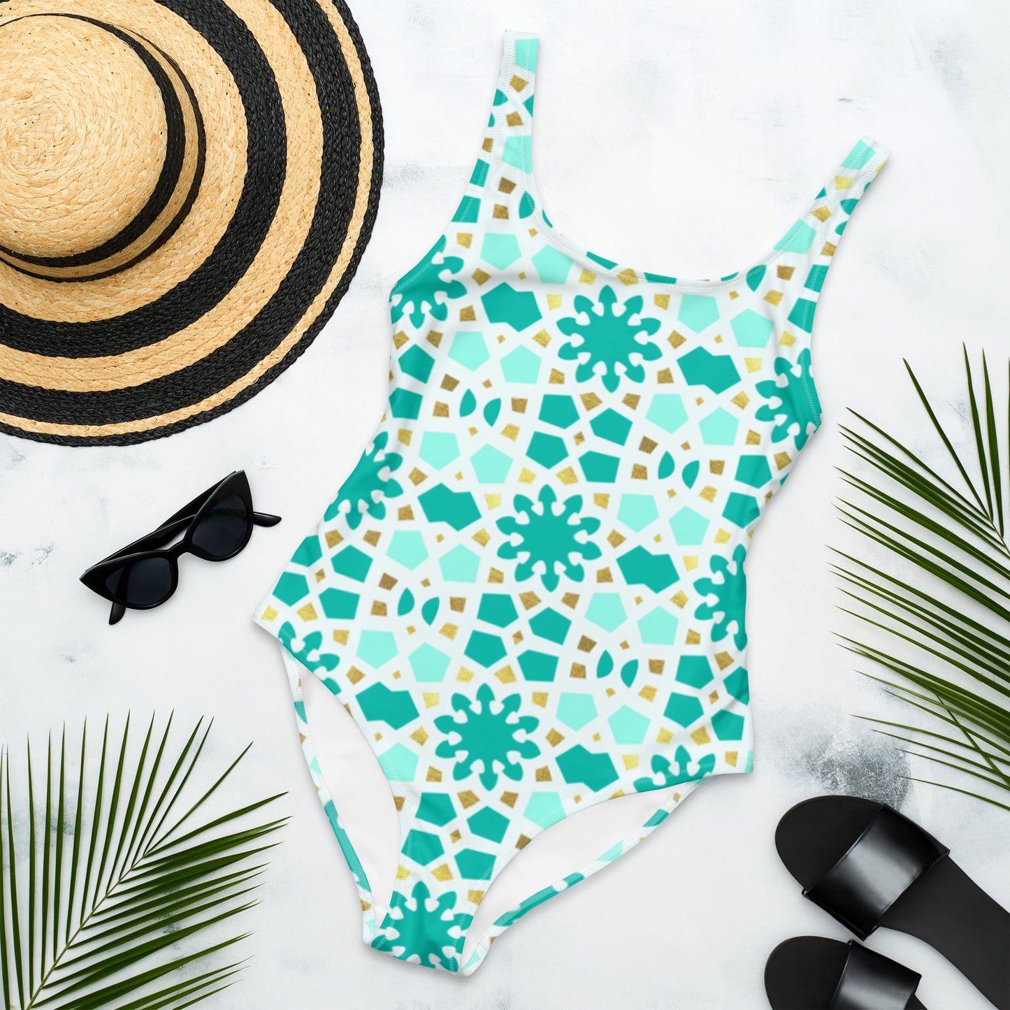 One-Piece Swimsuit - Geometric Arabesque Pattern in Mint and Gold
