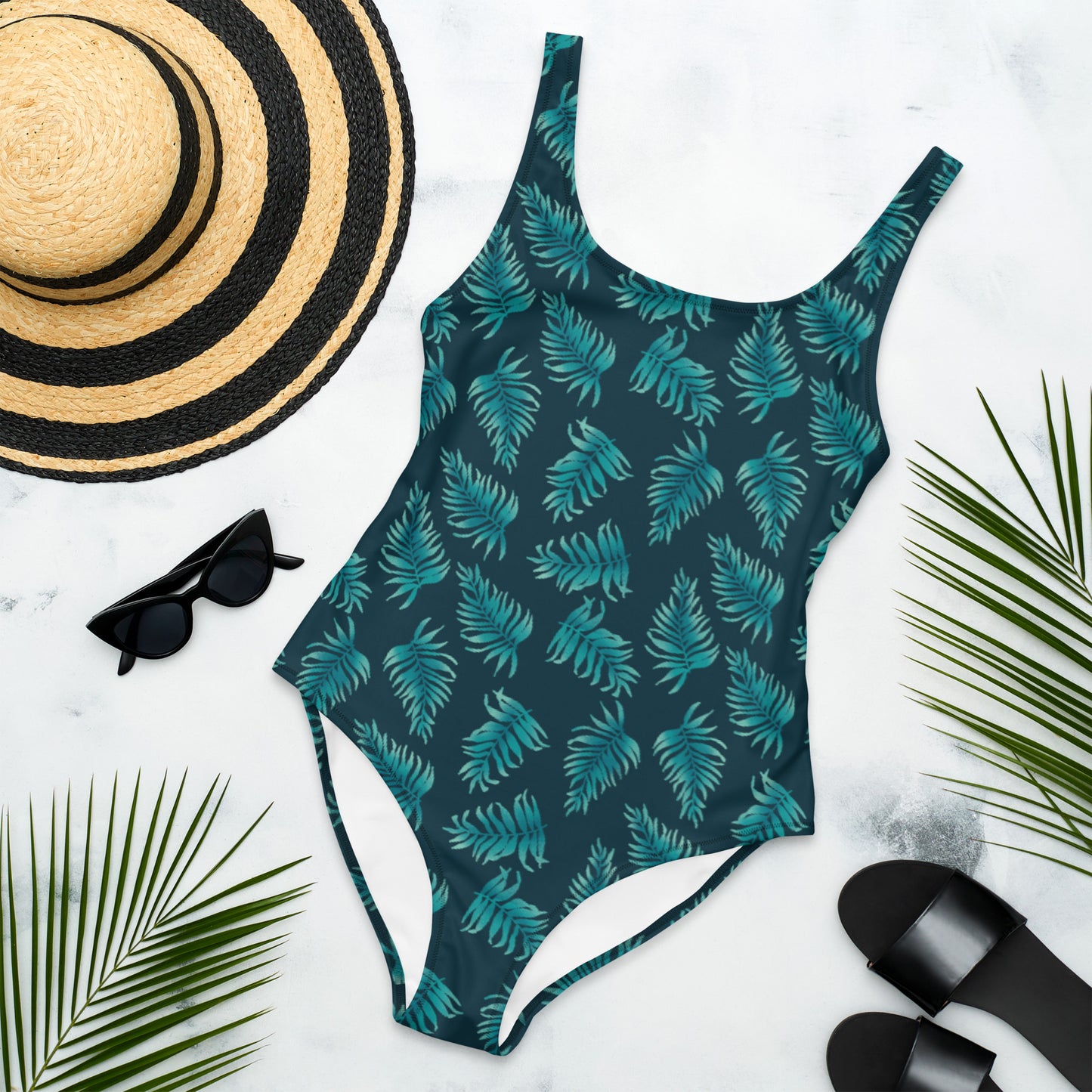 One-Piece Swimsuit - Palm Leaves in Blue Ombre