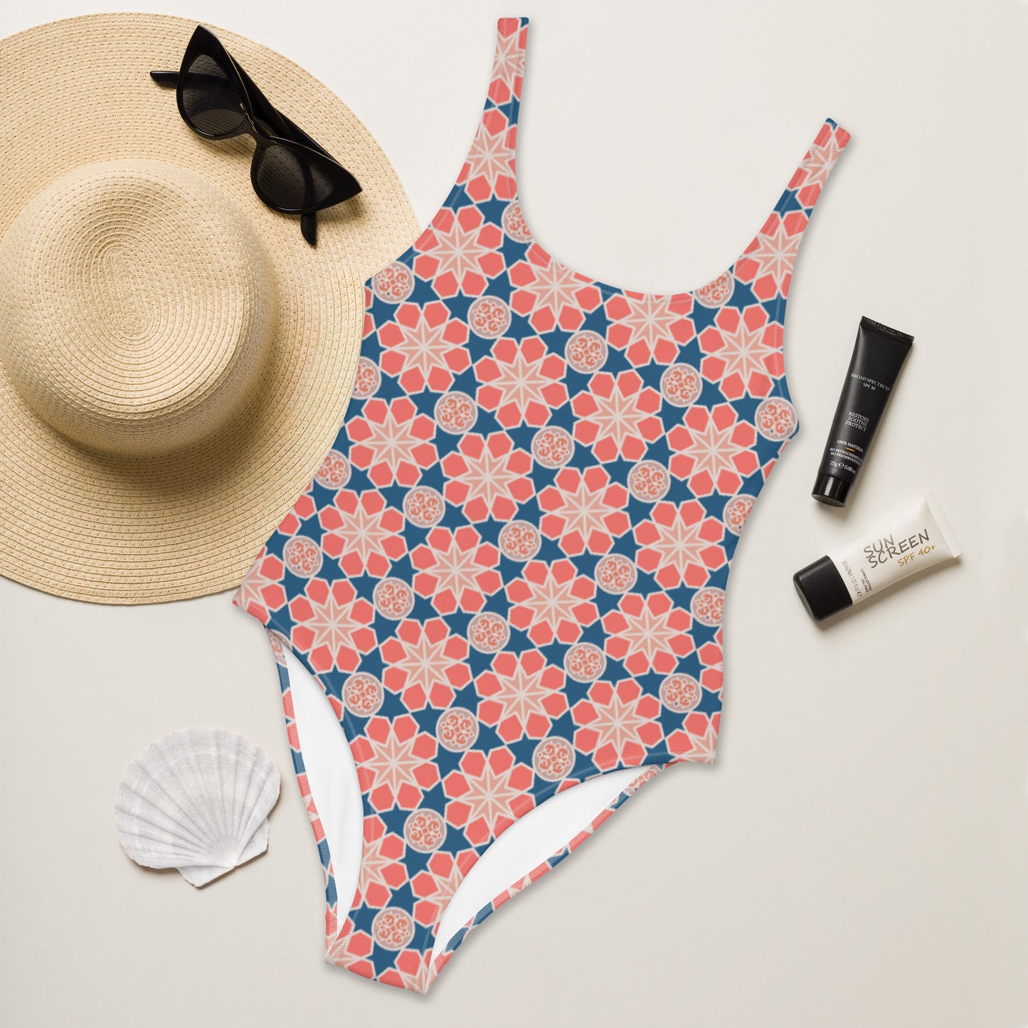 One-Piece Swimsuit - Geometric Arabesque Mashup in Pink