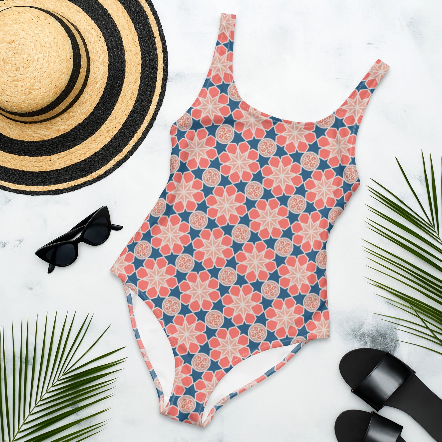 One-Piece Swimsuit - Geometric Arabesque Mashup in Pink