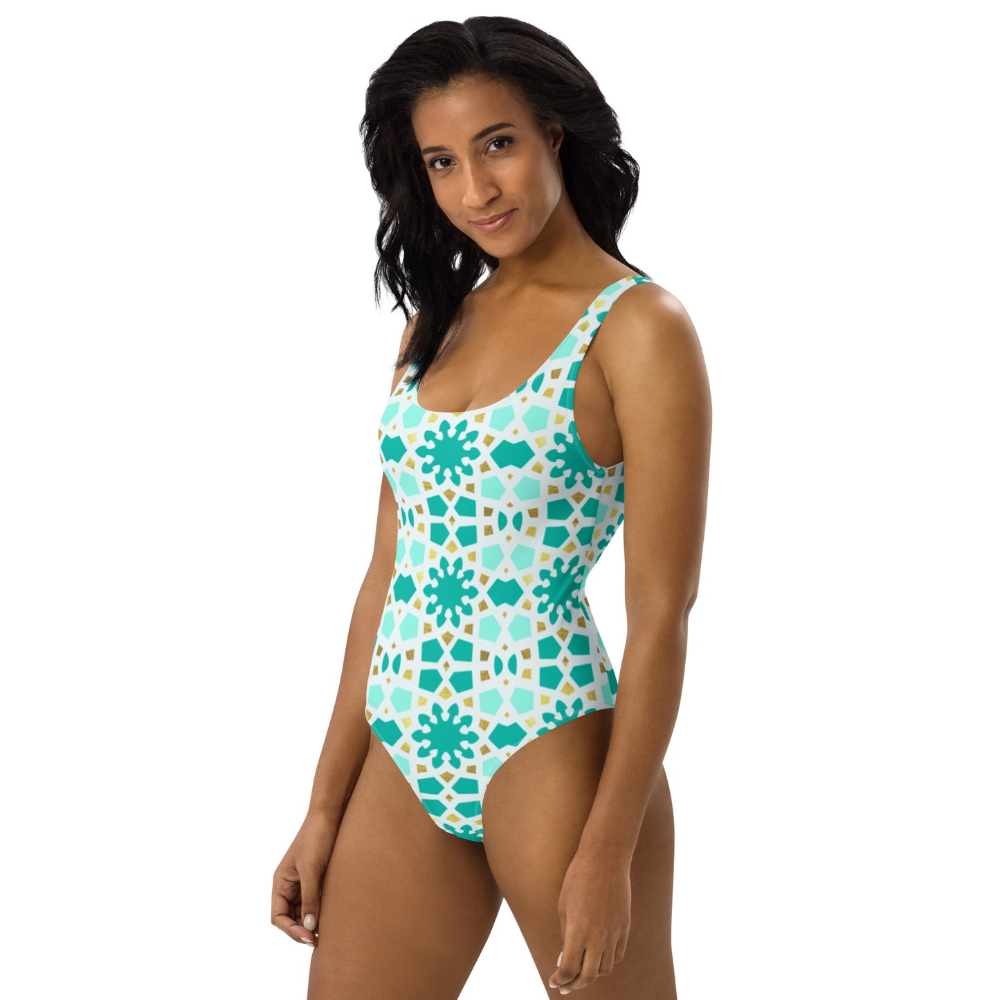 One-Piece Swimsuit - Geometric Arabesque Pattern in Mint and Gold