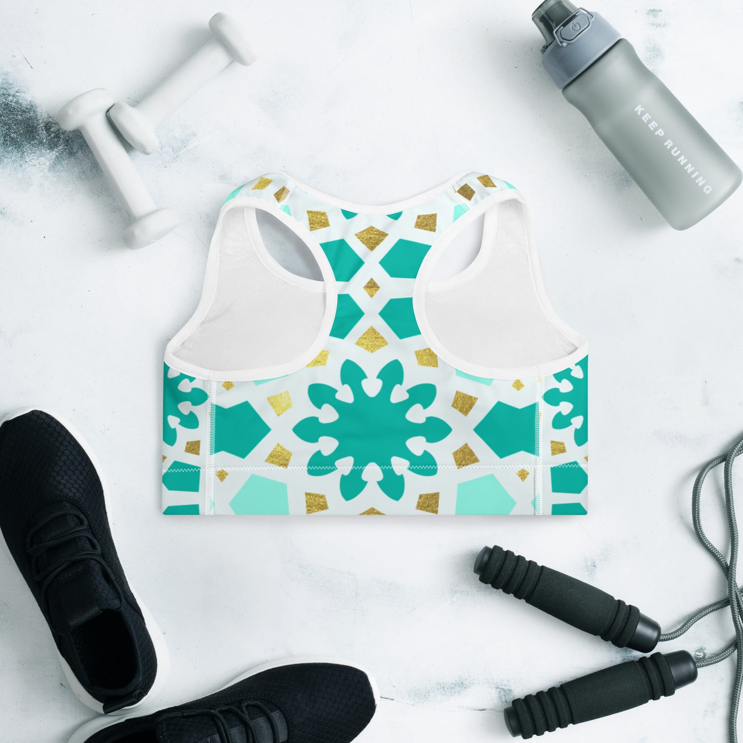 Padded Sports Bra - Geometric Arabesque Pattern in Mint and Gold