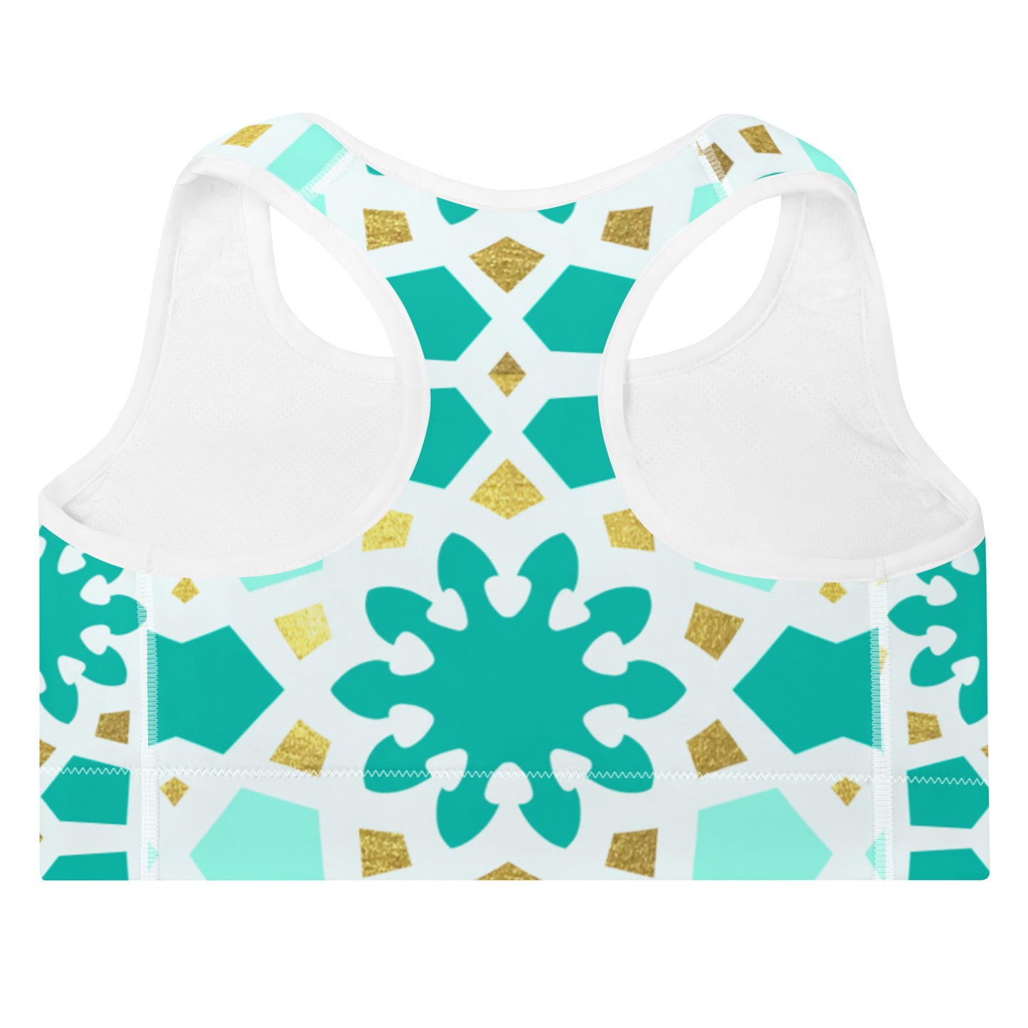 Padded Sports Bra - Geometric Arabesque Pattern in Mint and Gold