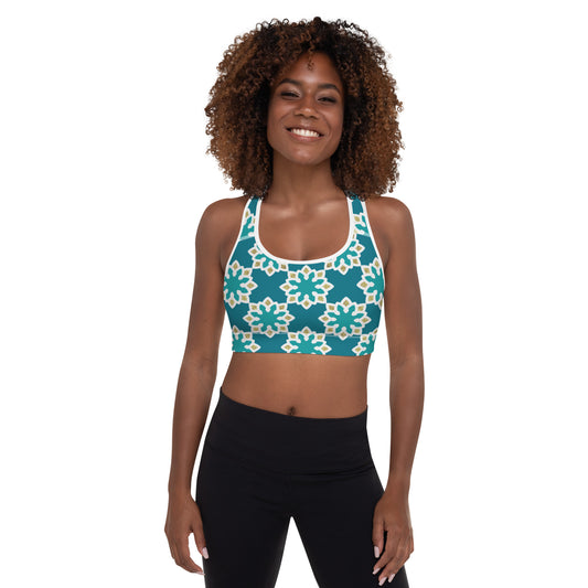 Padded Sports Bra - Arabesque flowers in Aqua and Gold