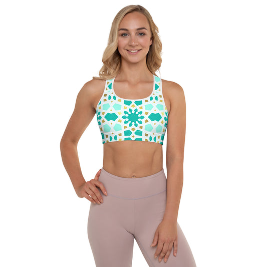 Padded Sports Bra - Geometric Arabesque Pattern in Mint and Gold