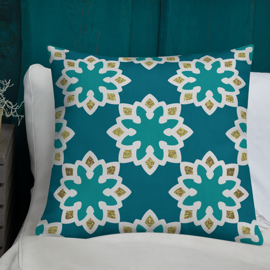 Premium Pillow - Arabesque Flowers in Aqua and Gold