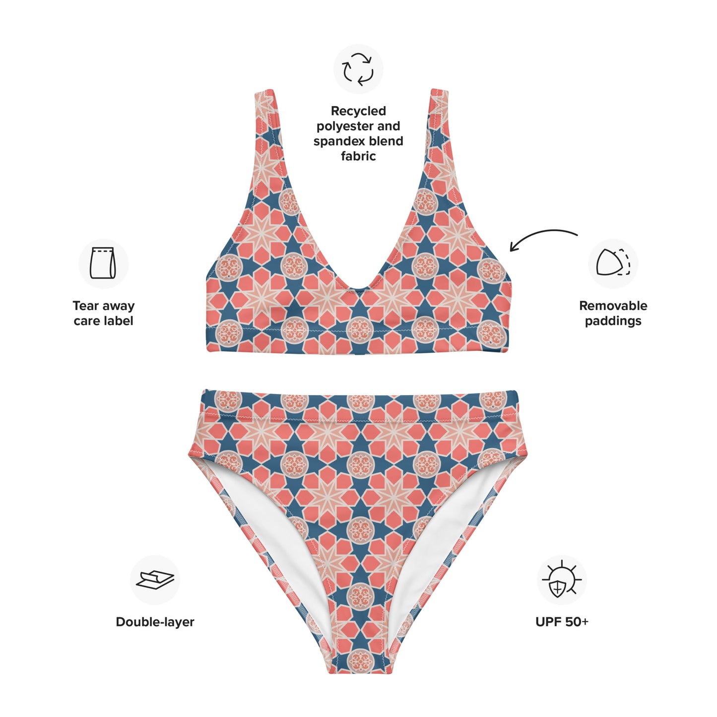 Recycled rPET high-waisted bikini  🍃 Geometric Arabesque Mashup - Pink