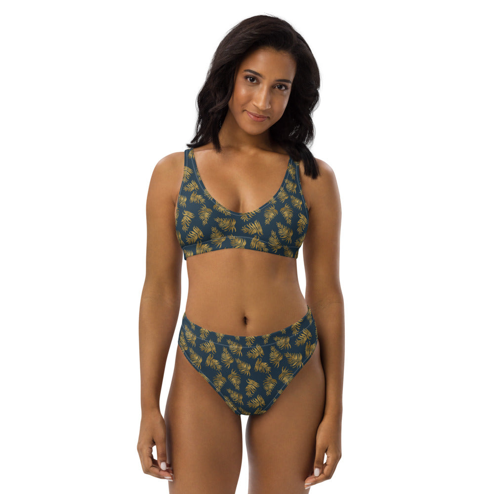 Recycled rPET high-waisted bikini 🍃 Palm Leaves - Gold and Blue
