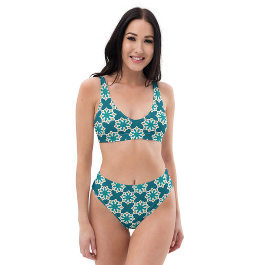 Recycled rPET high-waisted bikini 🍃 Arabesque Flowers in Aqua and Gold