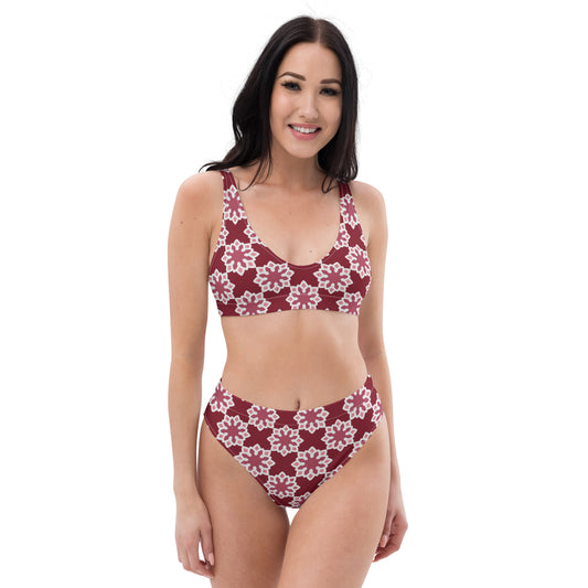 Recycled rPET high-waisted bikini - Arabesque Flower in Rouge 🍃