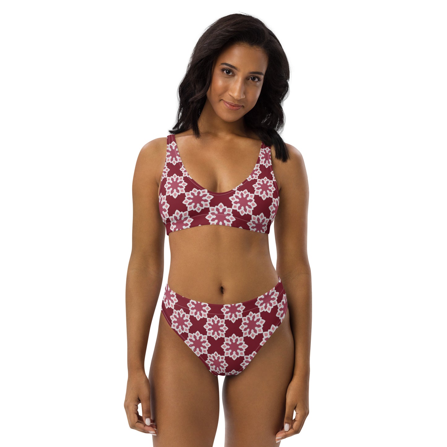 Recycled rPET high-waisted bikini - Arabesque Flower in Rouge 🍃
