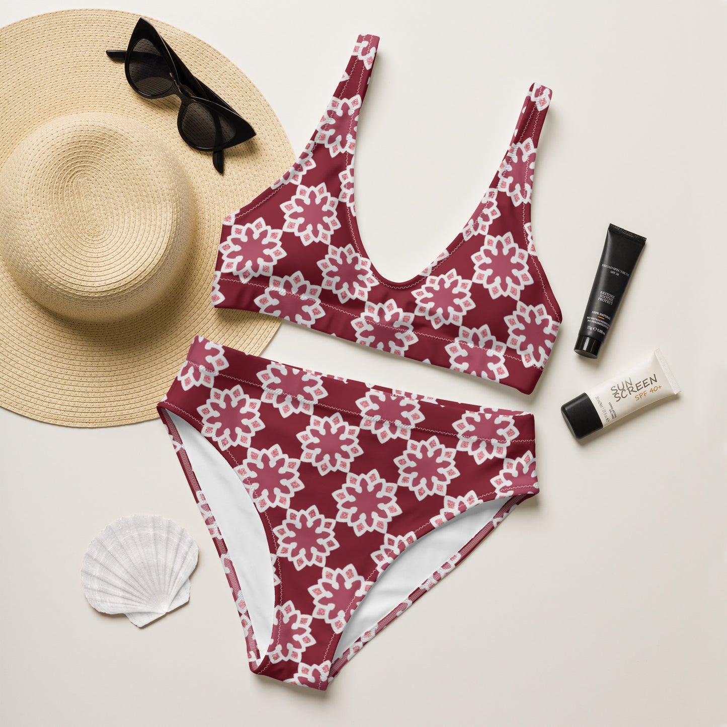 Recycled rPET high-waisted bikini - Arabesque Flower in Rouge 🍃