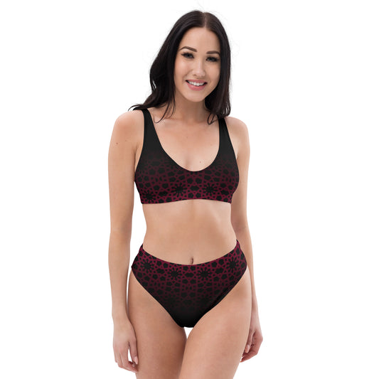 Recycled rPET high-waisted bikini - Geometric Ombre in Black and Red 🍃