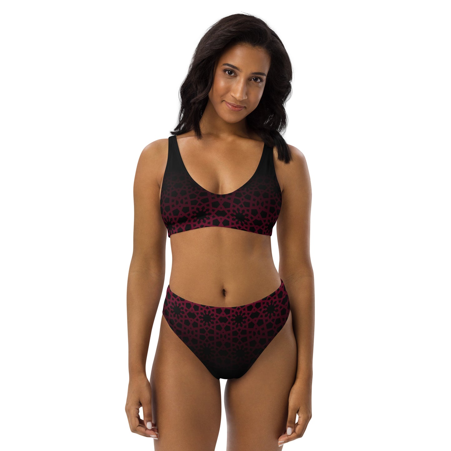 Recycled rPET high-waisted bikini - Geometric Ombre in Black and Red 🍃