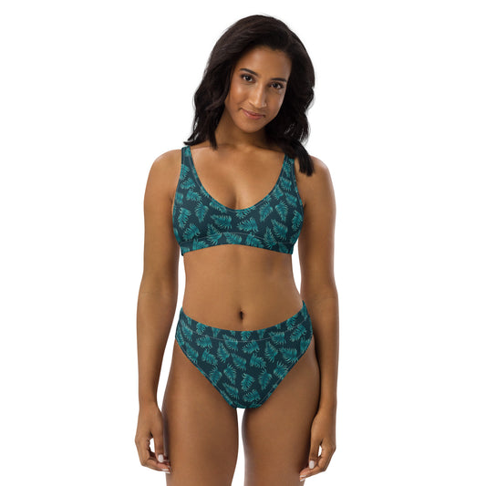 Recycled rPET high-waisted bikini - Palm Leaves in Blue Ombre 🍃