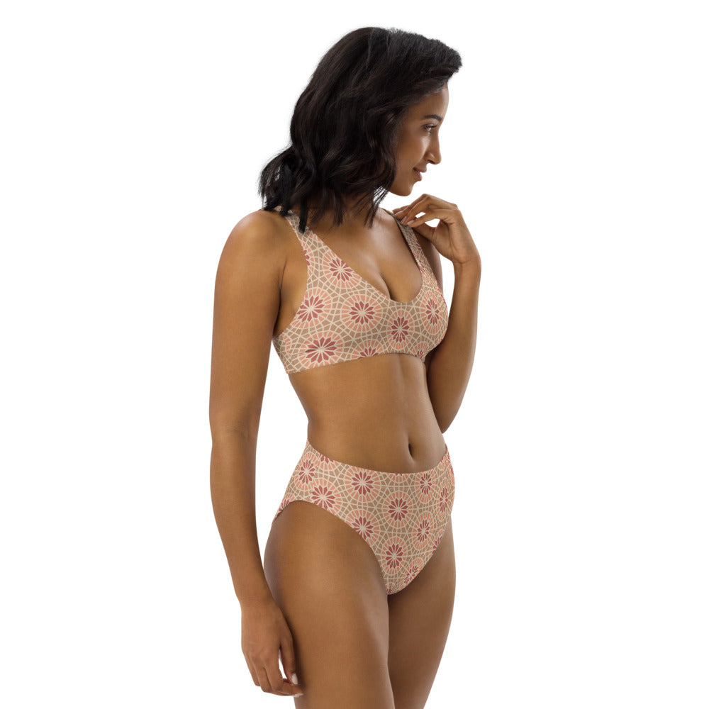 Recycled rPET high-waisted bikini  🍃 - Geometric Star 2 - Cocoa and Cream