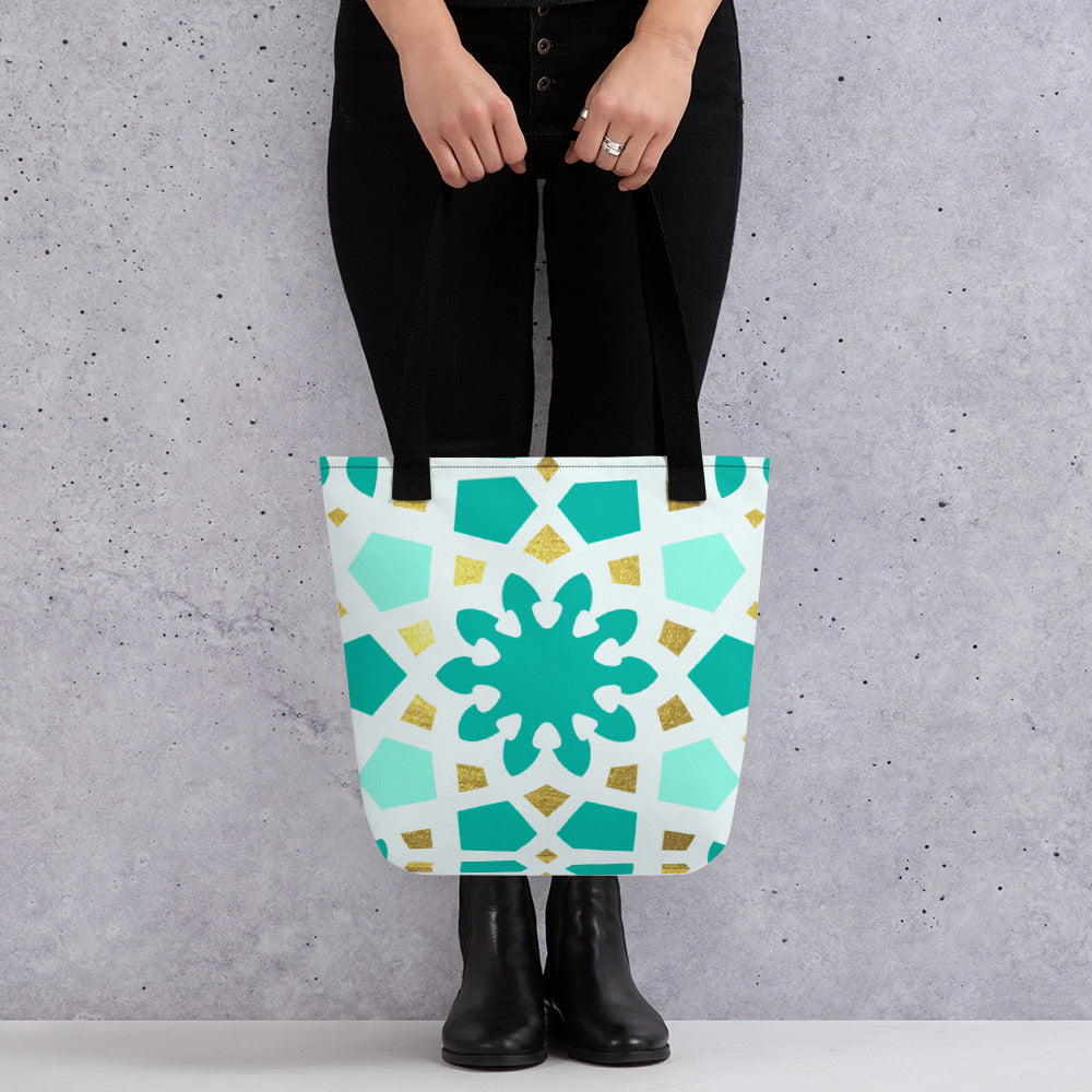 Tote bag - Geometric Arabesque Pattern in Mint and Gold