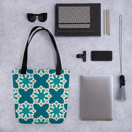 Tote bag - Arabesque flowers in Aqua and Gold