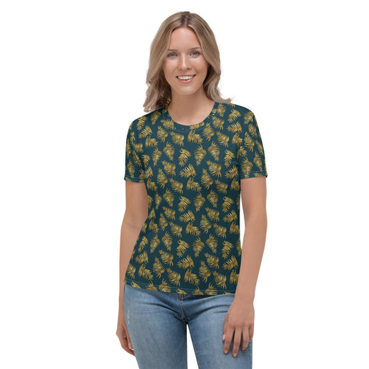 Women's T-shirt - Palm Leaves in Gold and Teal