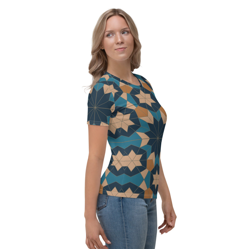 Women's T-shirt - Geometric Star in Red Sea Blue